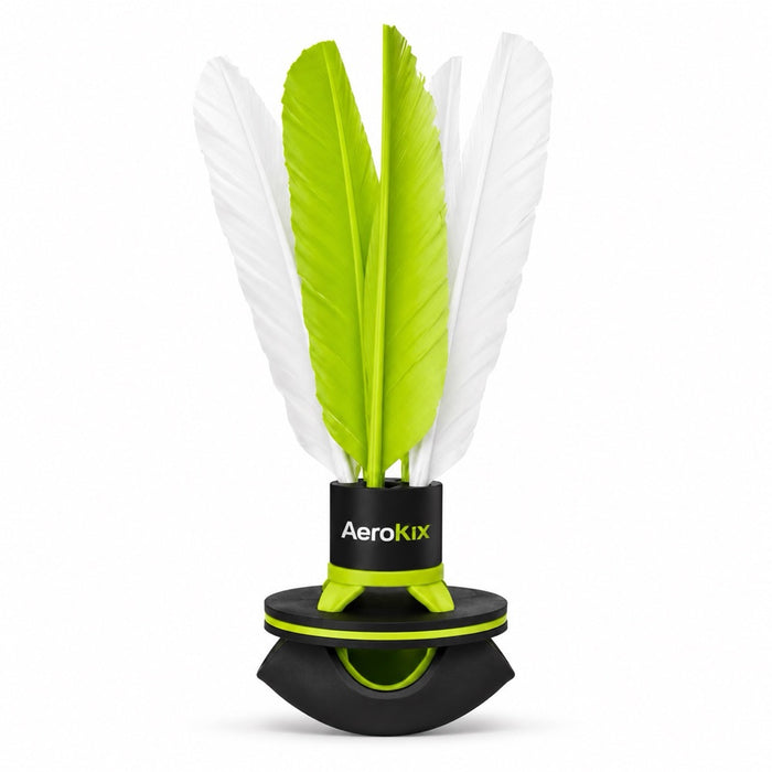The AeroKix shuttle: white and lime feathers, black branded collar, weighted black base